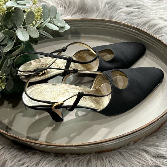 VTG Salvatore Ferragamo Women's Black Nylon Strappy Heels Size 8.5 Made In Italy - Picture 5 of 13